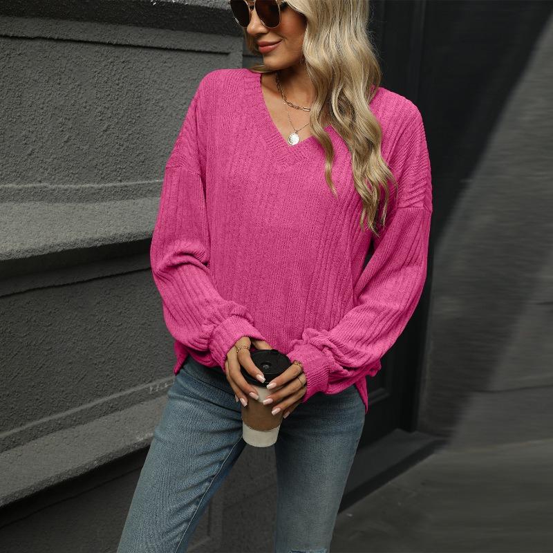 Autumn and Winter V-neck Loose Casual Long Sleeved T-shirt Women Fashion Elegant Simple New Solid Color Top Office Shirt Women's Clothing
