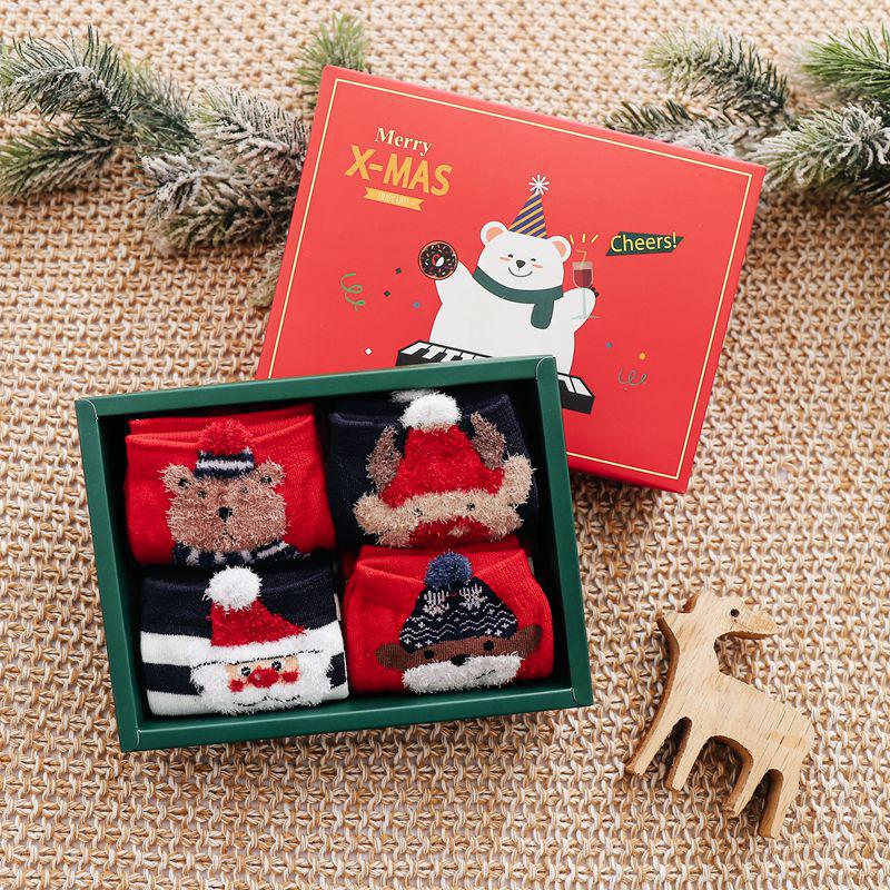 4-Pair Gift Box: Women's Cartoon Animal Mid-Calf Socks - Perfect for Autumn, Winter, Christmas, and New Year