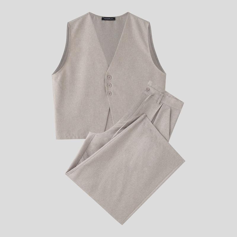 

INCERUN Men Sleeveless Cropped Waistcoat and Long Suits Pants Outfits Sets 5XL светло-серый
