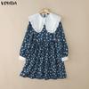 VONDA Rochie Elegantă Casual pentru Femei cu Guler Păpușă, Imprimeu Floral Patchwork, Mânecă Lungă