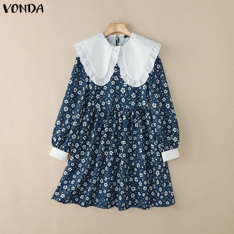 VONDA Rochie Elegantă Casual pentru Femei cu Guler Păpușă, Imprimeu Floral Patchwork, Mânecă Lungă