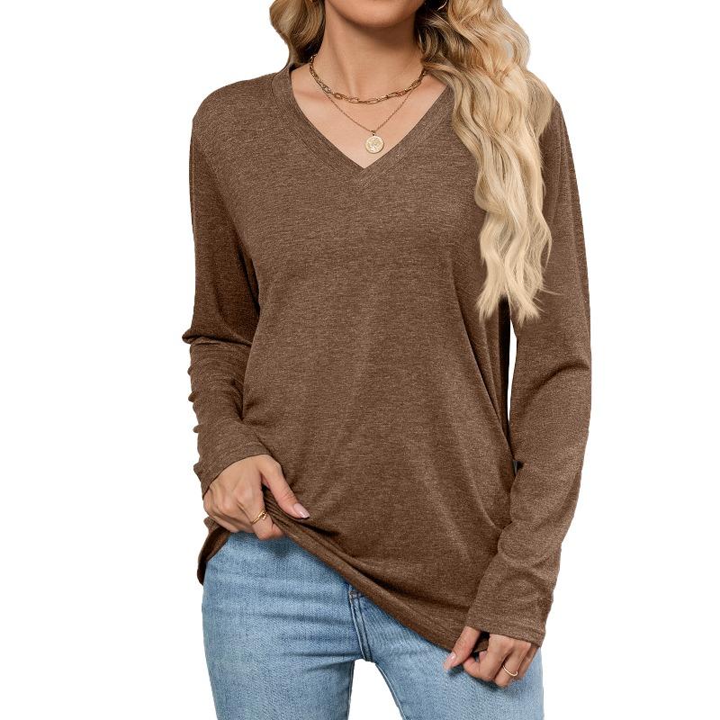 Autumn New Casual Pullover V-neck Solid Color Loose Long-sleeved T-shirt Top