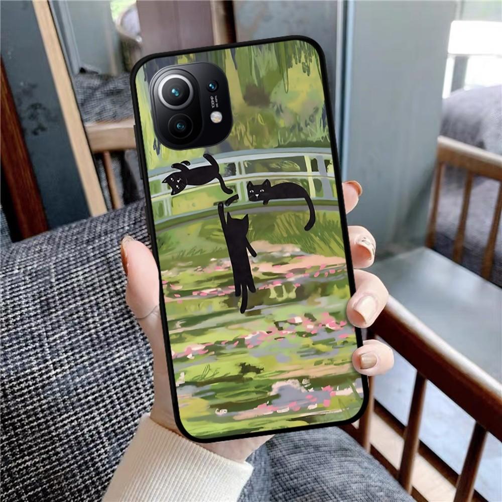 Cartoon Animal Black Cat Oil Painting Phone Case For Xiaomi Mi 5X 8 9 10 11 12 Lite Pro 10T PocoX3pro PocoM3 Note 10 Pro Lite