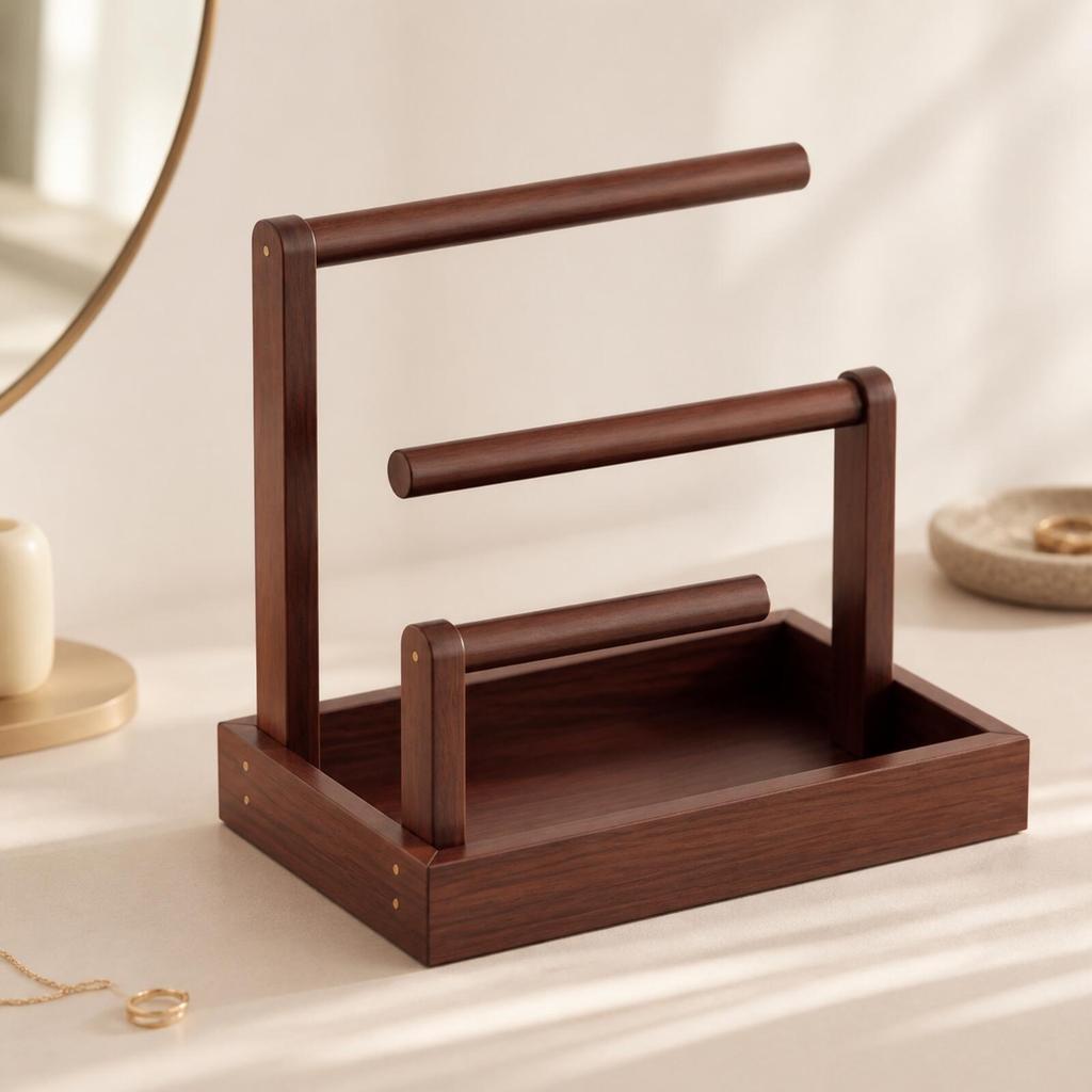 Wood-Look Jewelry Stand with Raised Tray Functional Tabletop Organizer