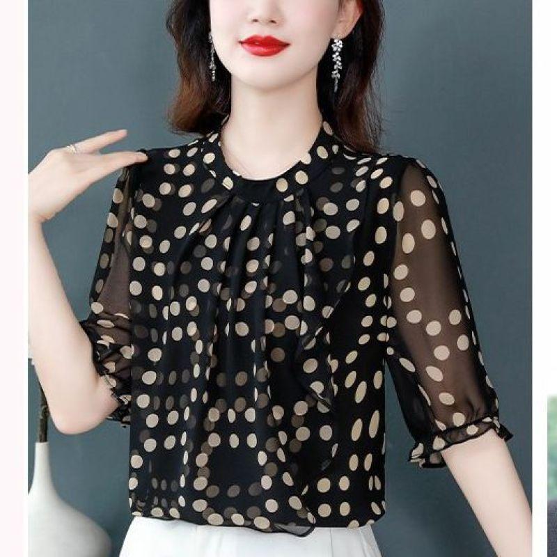 Summer Elegant and Minimalist Commuting Fashion Round Neck Polka Dot Loose Oversize Versatile Mid Sleeved Shirt for Women