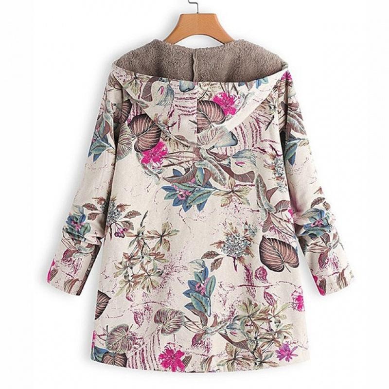 Jacket series casual printing cotton and linen printing plush inner hooded zipper women's clothing new