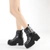 Women Leather Motorcycle Boots Thick Heel Waterproof Platform Martin Boots Metal Belt Buckle High-Heeled Short Boots Women Shoes