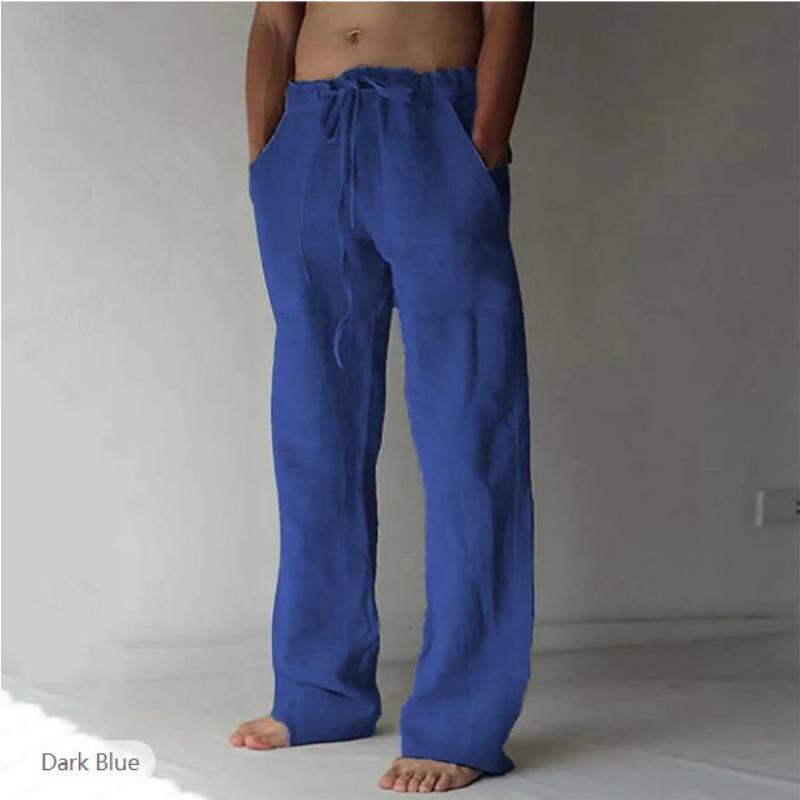 Mens Casual Drawstring Linen Wide Leg Pants With Pockets