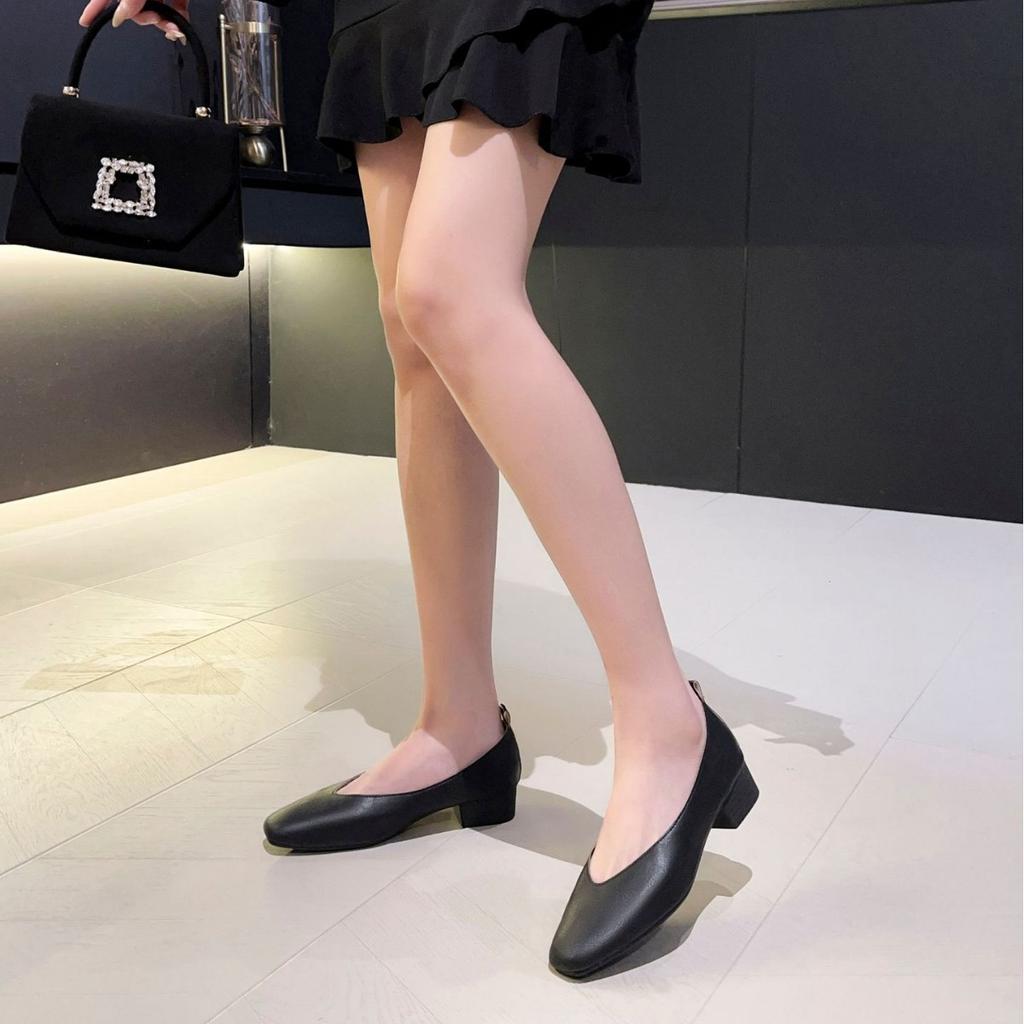 Leather 3.5cm thick heel middle heel single shoes women's spring and autumn new French square head professional work non-grinding feet grandma shoes
