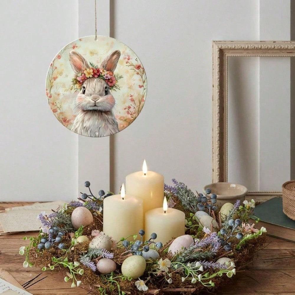 Happy Easter Bunny Rabbit Round Tin Metal Sign Vintage Wall Art Home Decor Gift