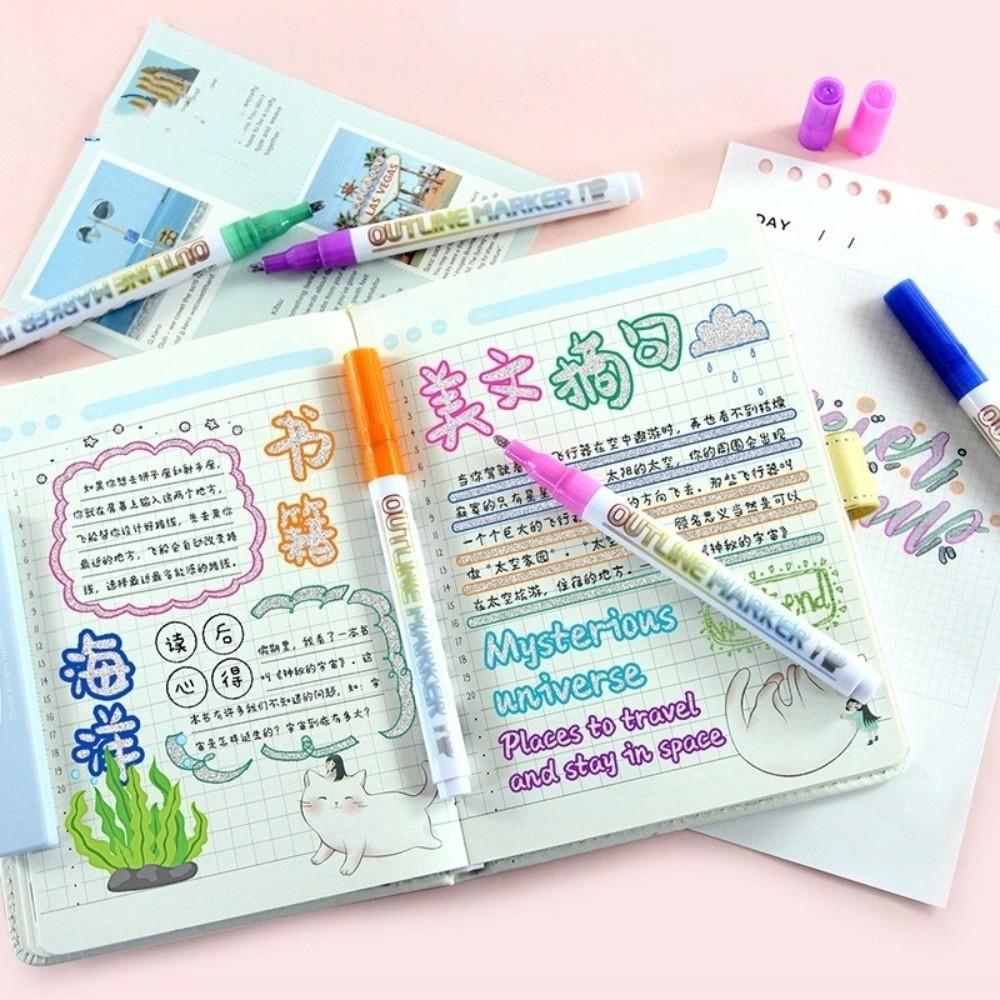 Double Line Highlighter Outline Marker Metallic Paint Outline Marker Set  for Girls Teens
