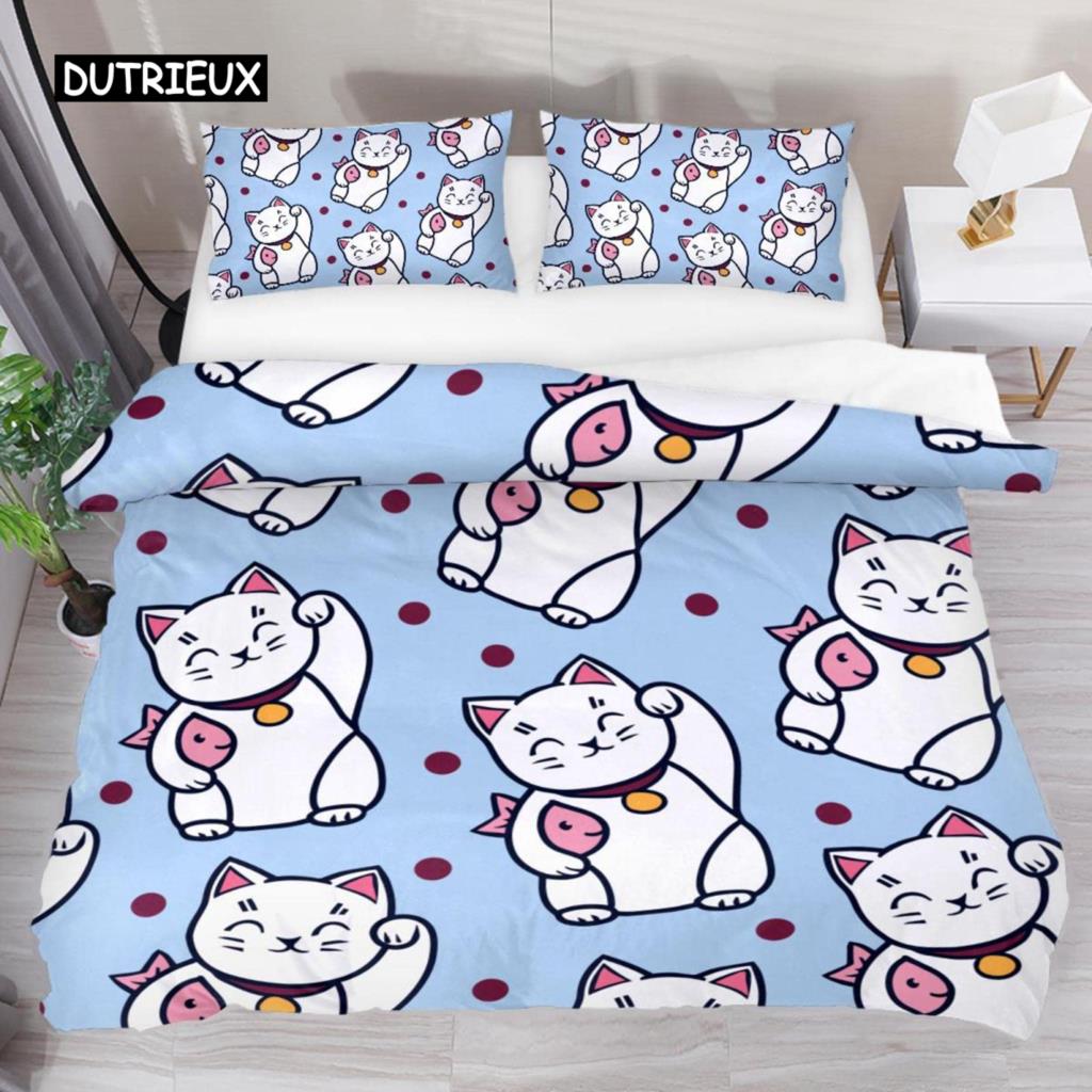 Japanese Lucky Cat Duvet Cover Set Kawaii Cats Bedding Set for Kids Boys Girls Exotic Style Black White Kitten Comforter Cover