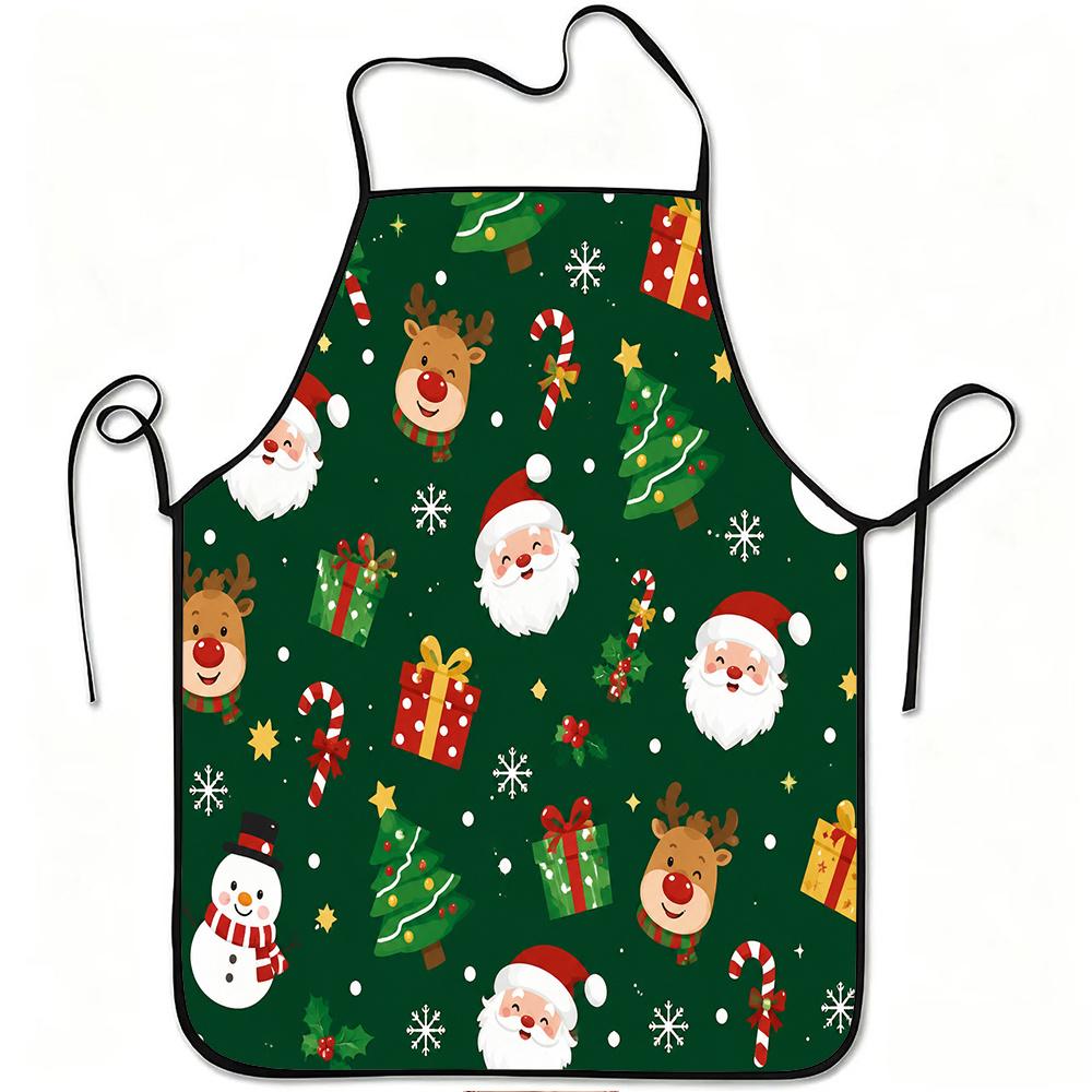 1pc Santa Reindeer Snowman Christmas Tree Gift Candy Cane Print Apron, Durable And Easy To Clean, Adjustable Waistband, Polyester Material, for Kitche