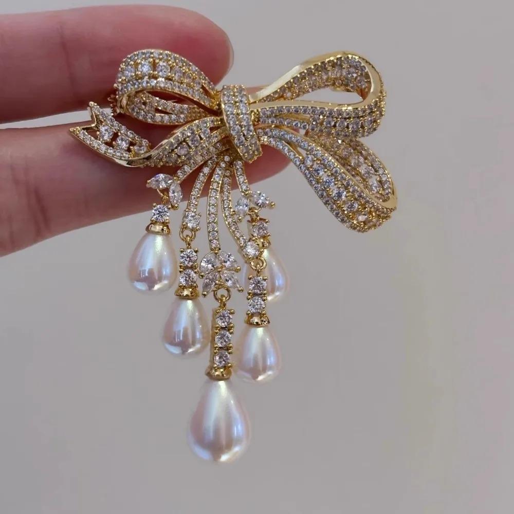Luxury Temperament Full Zircon Bows Waterdrop-shaped Pearl Tassels Brooches for Women High-end Suits Corsage Pins Jewelry Gifts