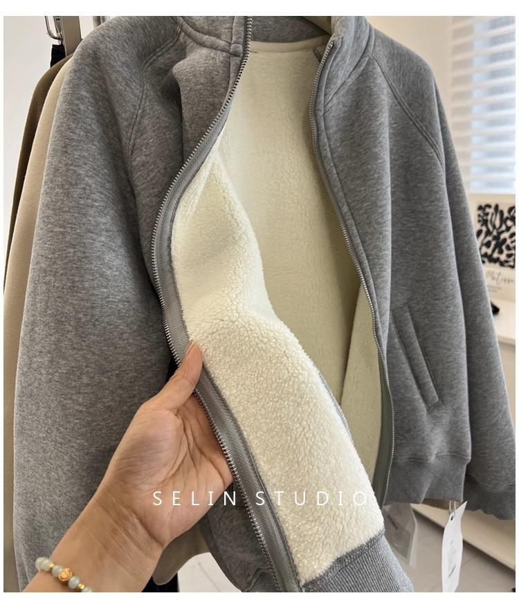 Women's Lambswool Fleece-Lined Stand Collar Zip-Up Cardigan – Thick, Versatile, Loose-Fit Winter Outerwear