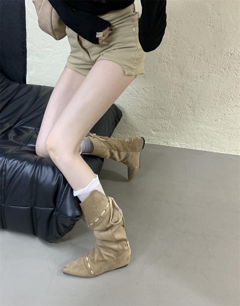 Retro inner pointed high boots, new string straps, versatile pleated thin boots, folded and two stacked boots