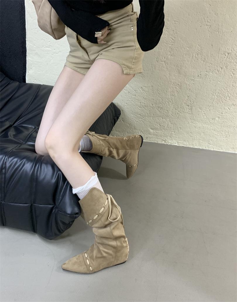 

Retro inner pointed high boots, new string straps, versatile pleated thin boots, folded and two stacked boots 39 хаки