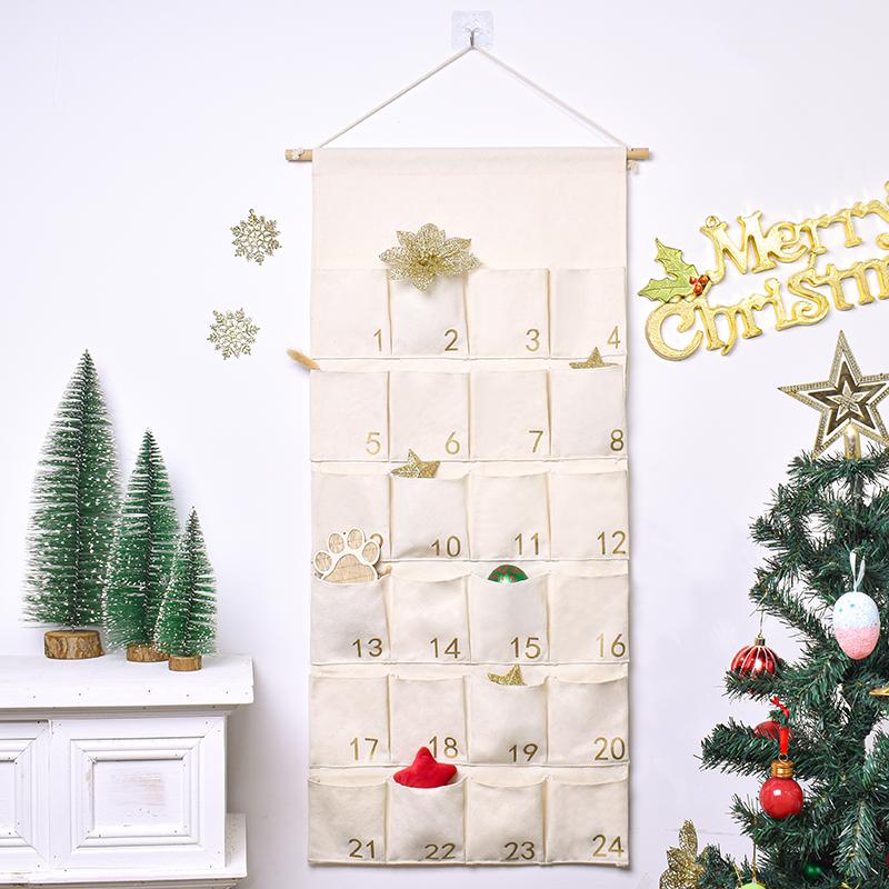 Christmas Advent Canvas Wall Calendar, Ornamentos Número Bronzear, 24 Bolsos