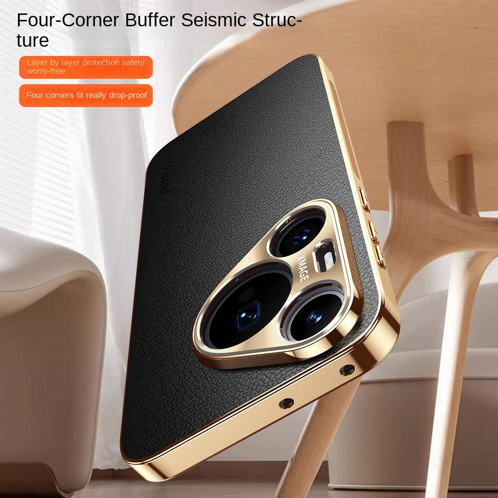First Layer of Cowhide Lychee Texture Electroplated Frame Case For Huawei Pura 80 Ultra 70 Pro P60 P50 Mate 70 Pro + 60 50 Cover