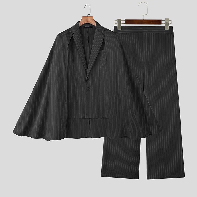 

INCERUN Мужской пиджак-плащ с лацканами и V-образным вырезом, с длинным рукавом, в полоску, длинные брюки от костюма, комплекты из двух предметов 5XL чёрный