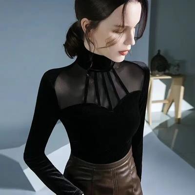 Velvet Mesh Patchwork Black Tshirt Long Sleeved Bottoming Shirt for Women New Autumn Winter Turtleneck Pullovers Top S-6XL