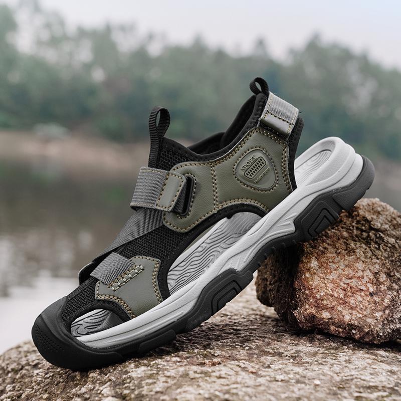 ModeÄkta Läder Herrsandaler Snabbtorkande Herr Sommarskor Mode Casual Utomhus Strand Flats Andningsbara Mångsidiga Vadningsskor Aqua Skor