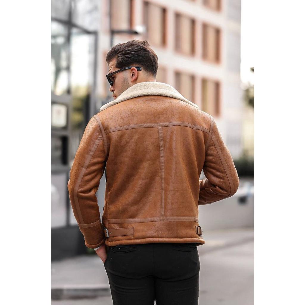 Men's Tan Color Napa Leather Cross Model Coat