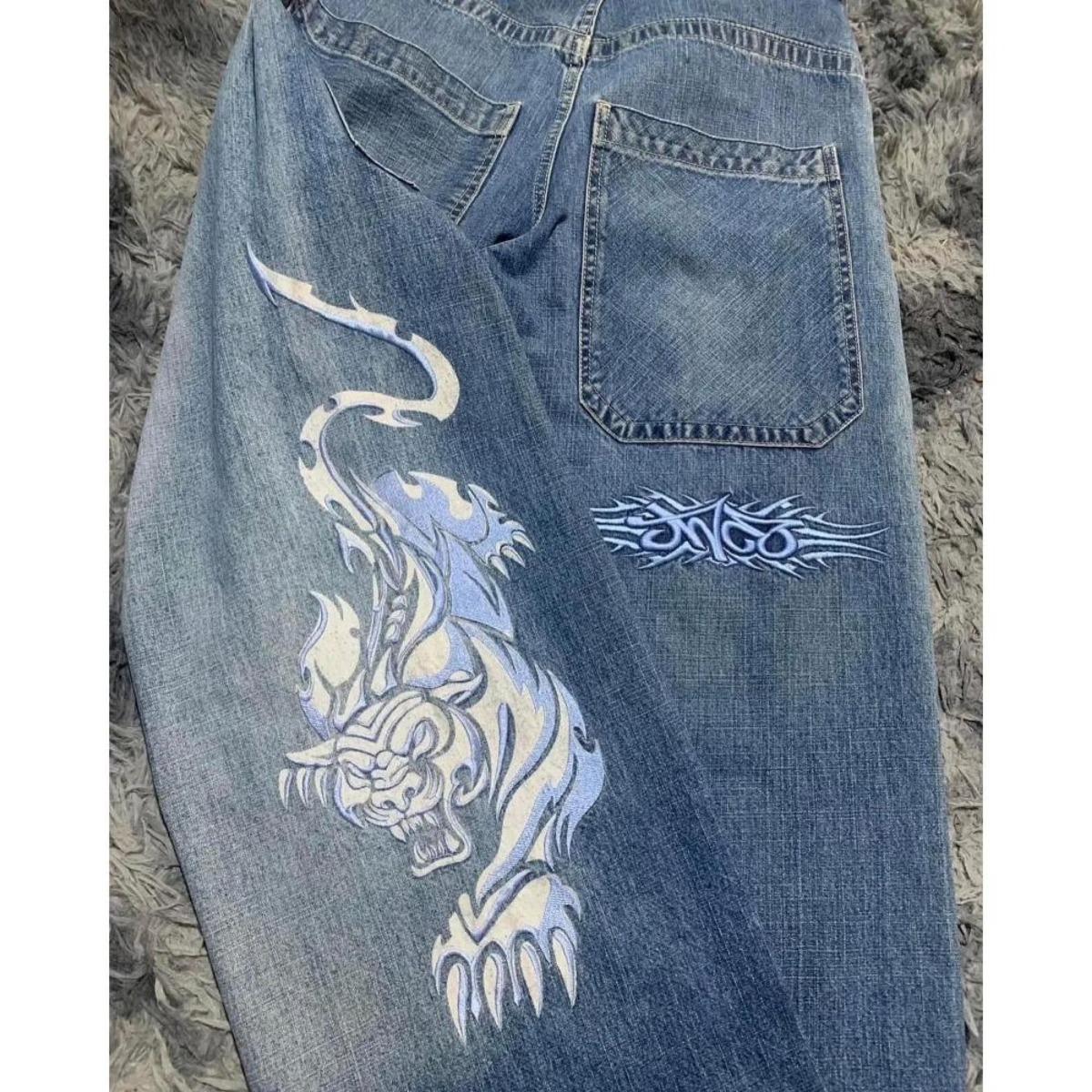 

Вишиті мішкуваті джинси Y2K Clothes Чоловіки Жінки Харадзюку Хіп-хоп Вишиті вінтажні сині мішкуваті джинси з низькою посадкою Широкі штани L