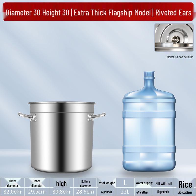 304 Stainless Steel Soup Pot with Lid - Thickened Round Barrel for Commercial Use, Ideal for Rice, Water, Braised Meat, and Porridge.