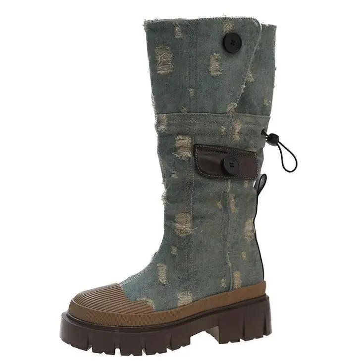 Botas de cano curto plataforma grossa de lona da moda quente para mulheres com zíper e sola grossa, botas de motocicleta femininas com aumento de altura, botas punk de cano médio