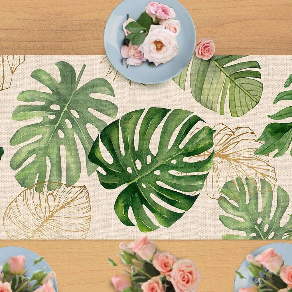 Seliem Summer Palm Leaves Tropical Greenery Table Runner, Monstera Home Kitchen Dining Plant Decor, Spring Seasonal Decorations Indoor Outdoor Hawaii