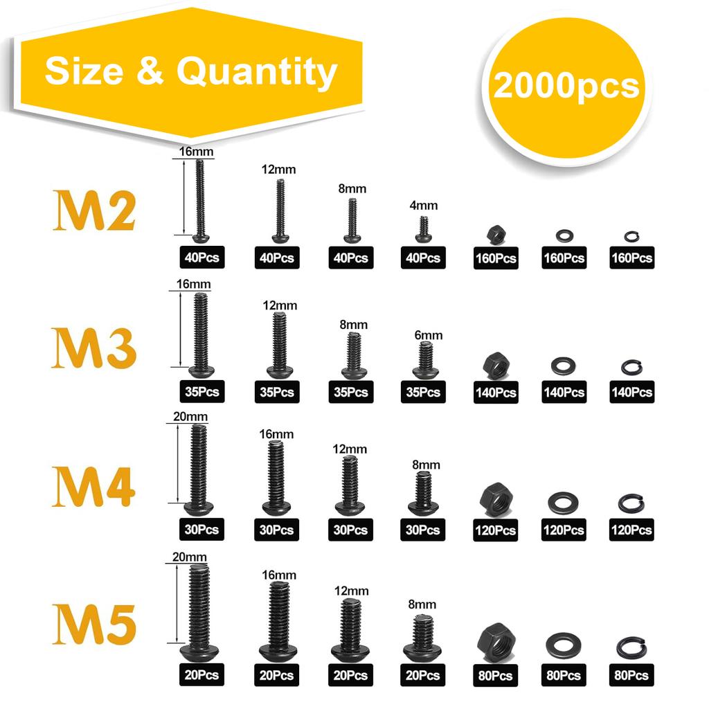 2000 Black Round Head Hexagon Socket Screws, Washer Nut Combination Kit
