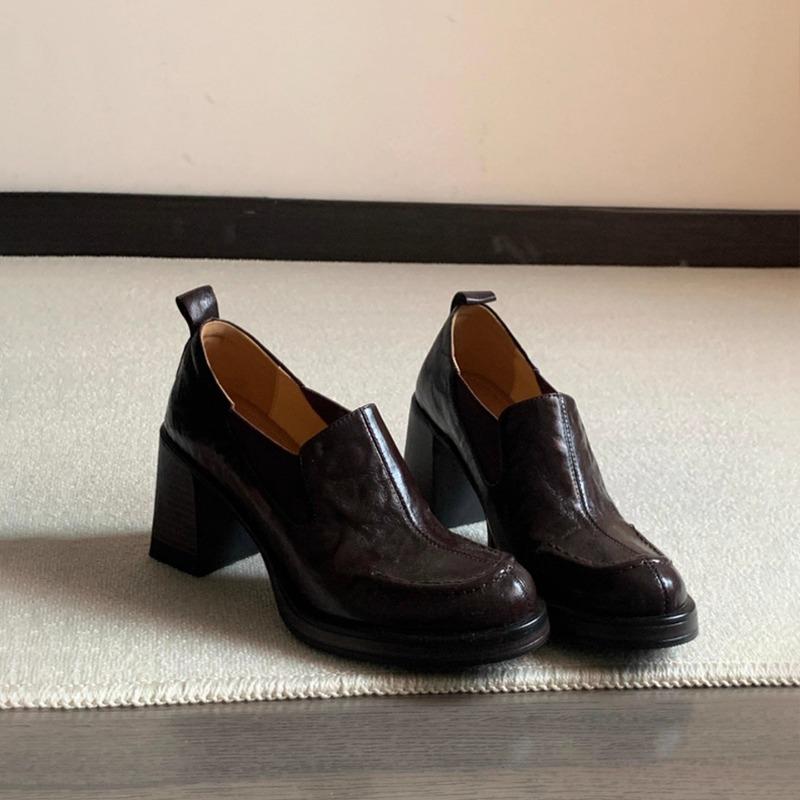 Leather retro thick heel single shoes women's autumn round head deep mouth old small high heel small leather shoes
