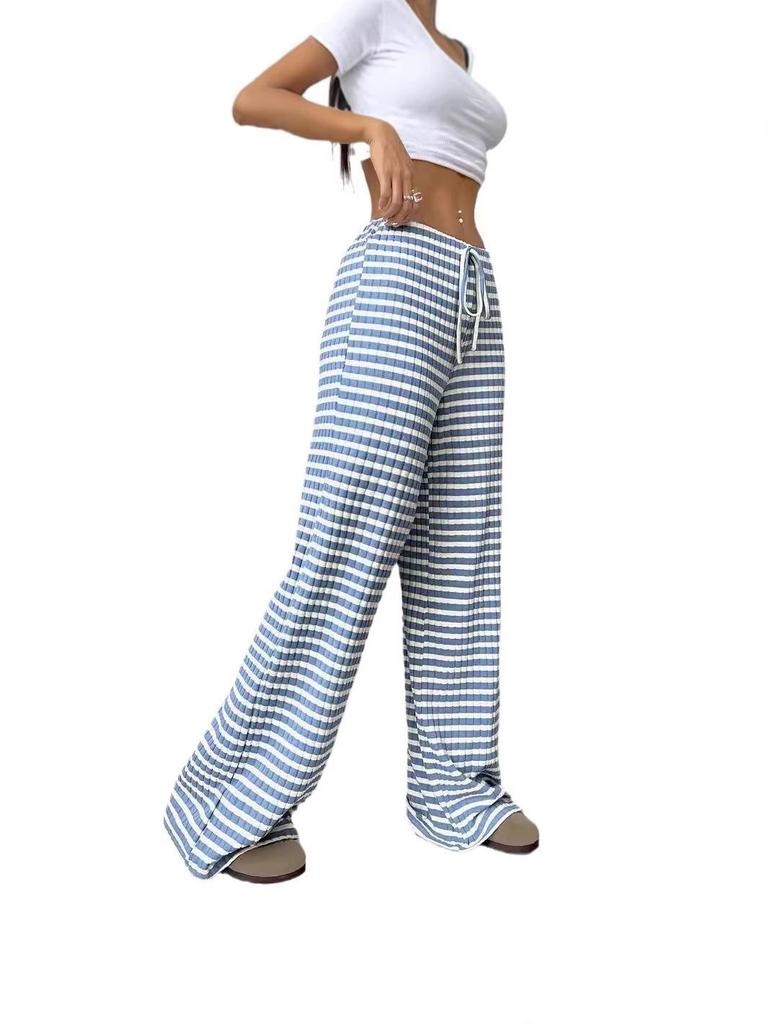 2026 Women's Casual Striped Cotton Pants with Elastic Waist and Drawstring