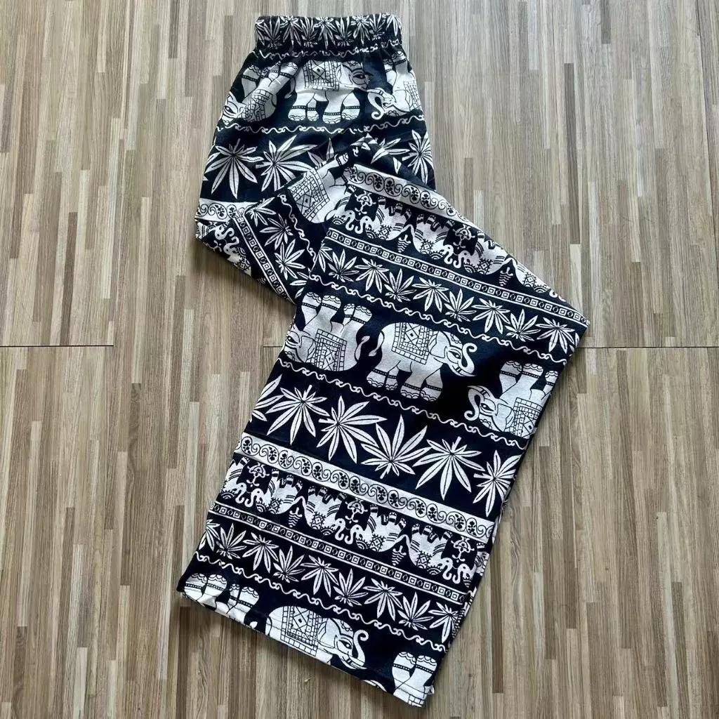 Elefanten Hose Lang Weites Bein Verstellbarer Elastischer Bund Riemen Unisex Damen Herren Druck Thailand Lässig Streetwear Strand Boho Retro Vintage