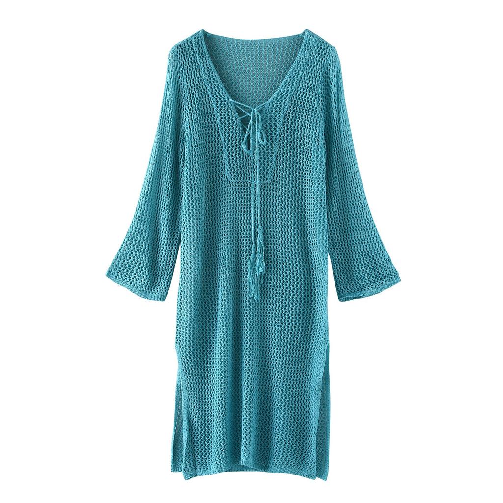 Women's Sleeve Coverups Bikini Hollow Cover Up Lace-up Net Beach Swimsuit Dress