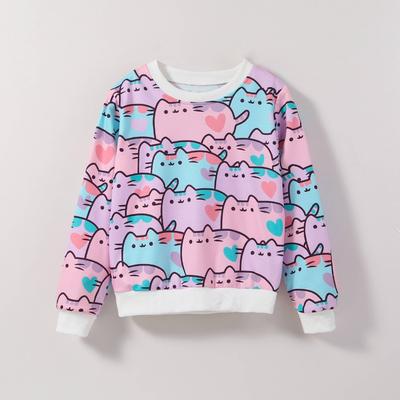 2-7 Years Kids Girl Round Neck Sweatshirt Cute Cat Full Print Long Sleeve Top Shirts