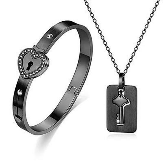 Fly to the Clouds Titanium Steel Couple's Concentric Lock Bracelet & Necklace Set
