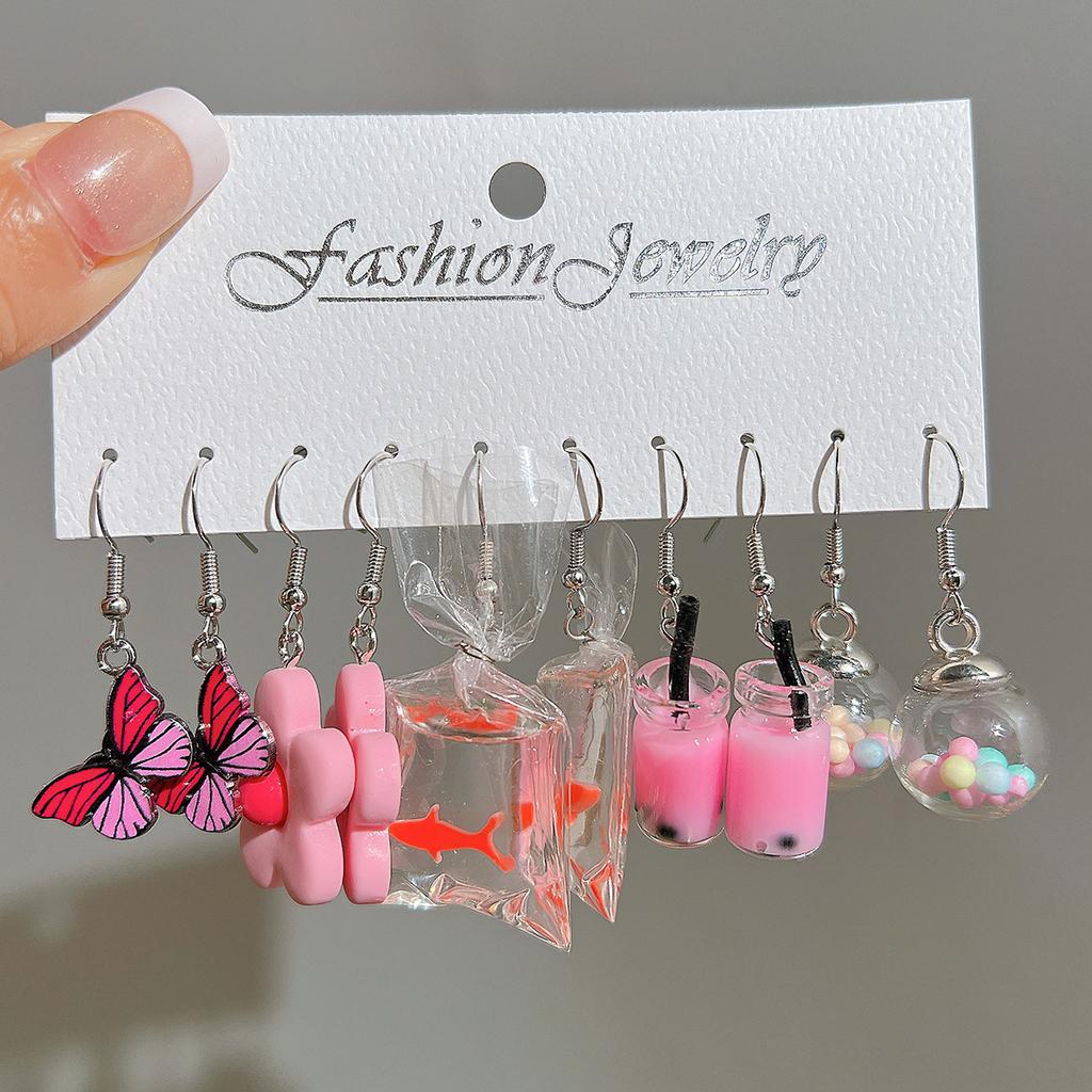 New Cute Cartoon Animal Fruit Earrings Set for Women Girl Simulated Resin Acrylic Food Drink Icecream DIY Dangle Earring Jewelry