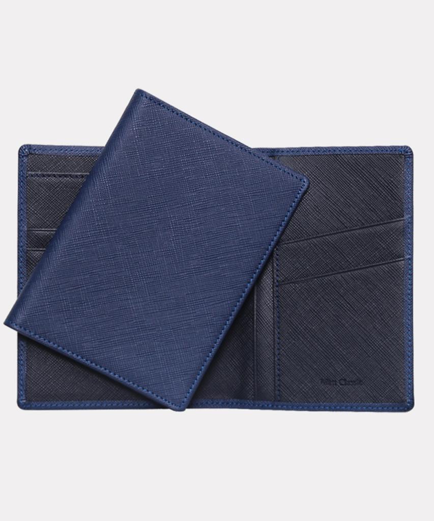 Matt Saffiano Cowhide Combination Passport Wallet Steel Blue + Dark Navy