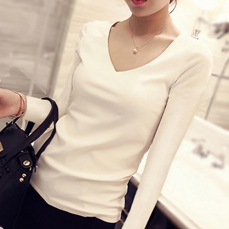 Women's White Long-Sleeve Slim Fit Solid T-Shirt - Autumn/Winter Korean Style