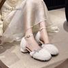 Fashion Bling Rhinestone Butterfly Belt Mink Fur Sandals Woman Elegant White Fluffy Ankle Strap Pumps Ladies  Low Heel Plush Party Shoes