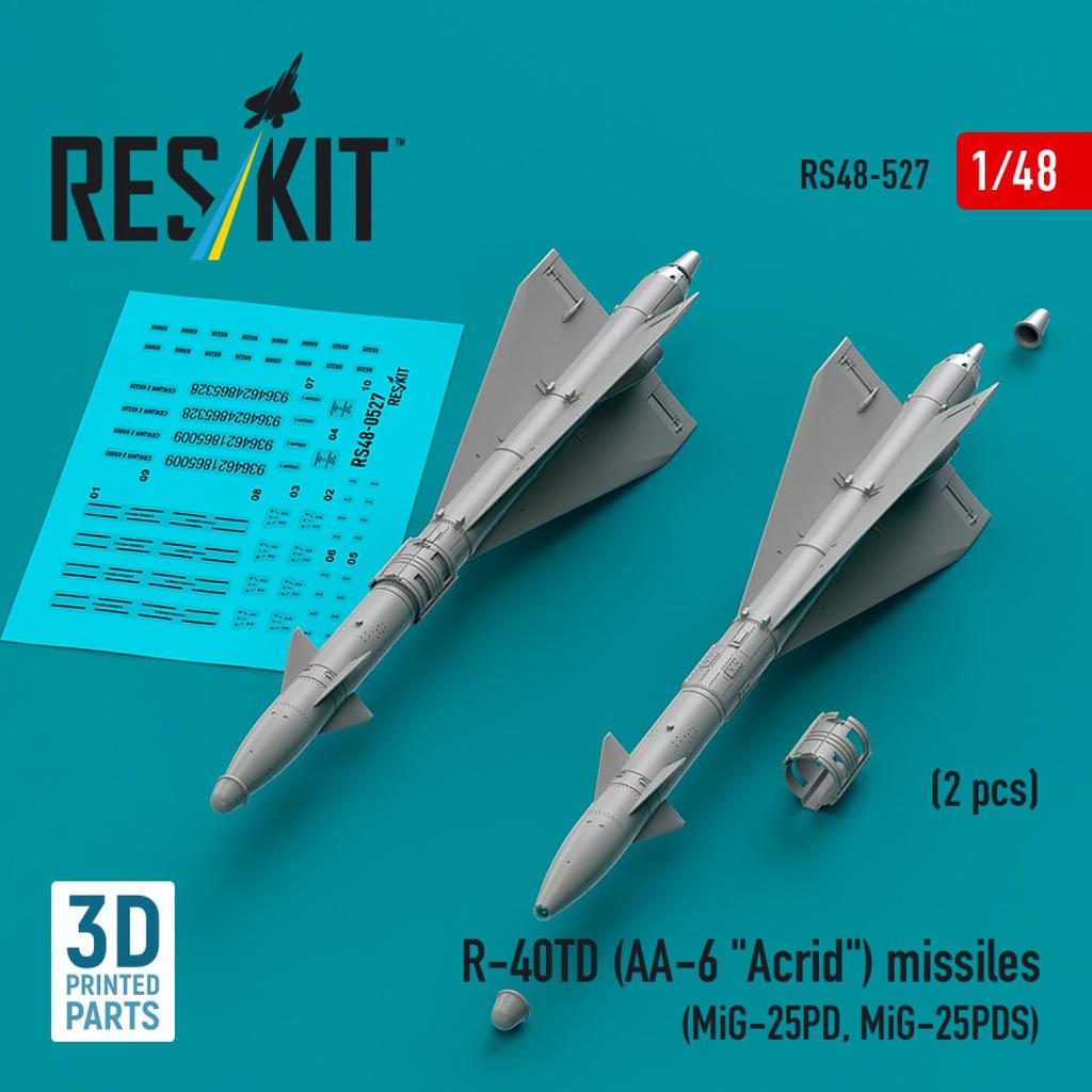 Reskit Acrid Infrared Guided Missile 2pcs Plastic Model Parts 1/48 R-40TD AA-6 Air-to-Air (for MiG-25PD/PDS) RSK48-0527 (Airplane)