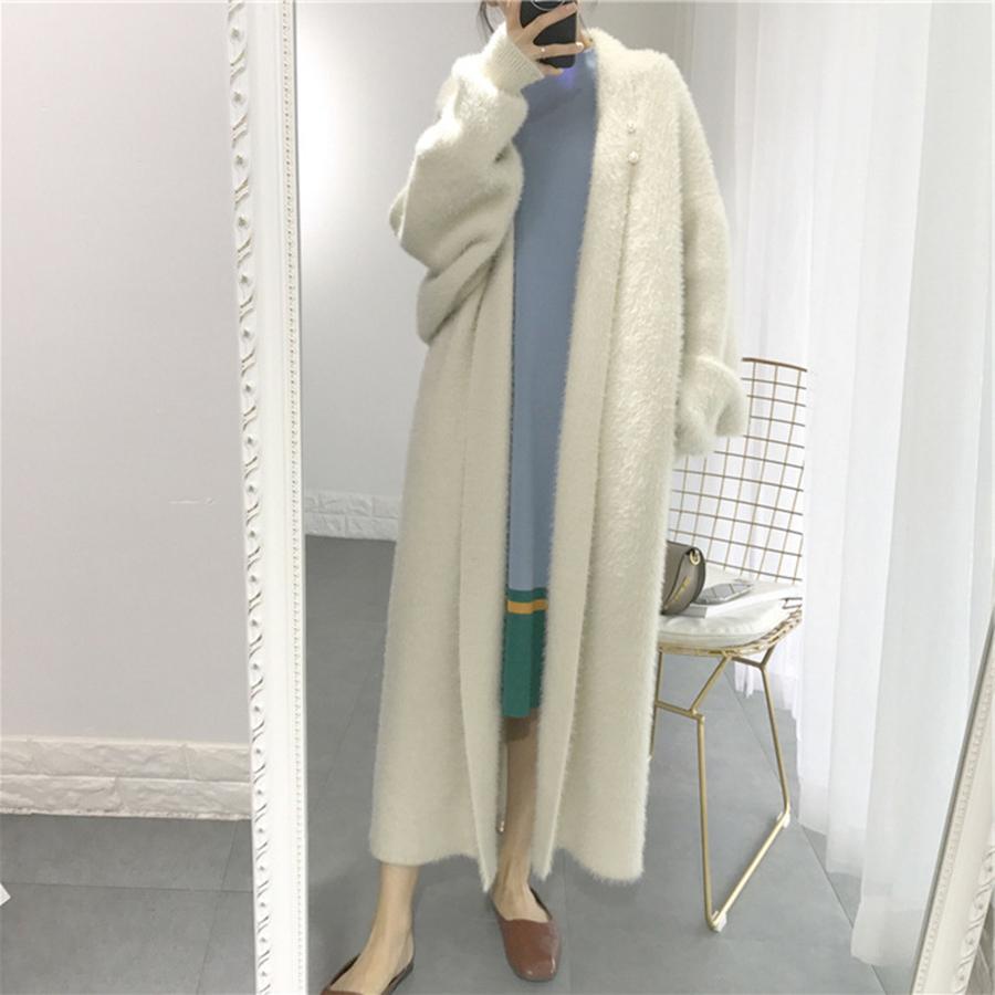 Autumn Loose Over-Knee Long Sleeve Thick Velvet Knit Cardigan Sweater for Women