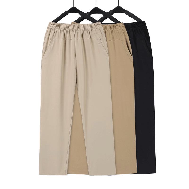 Dámské letní lehké kalhoty z ledového hedvábí - devítidélkové, volné s rovnými nohavicemi pro ženy středního a staršího věku