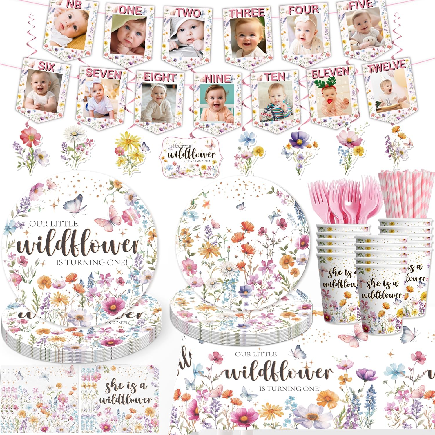 Декорации для первого дня рождения девочки в стиле полевых цветов, Декорации для вечеринки в стиле полевых цветов, Баннер для первого дня рождения в стиле полевых цветов, Тарелки и скатерть для первого дня рождения в стиле полевых цветов