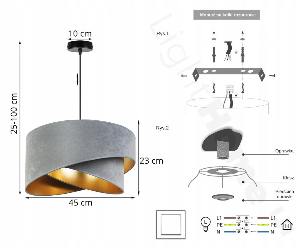 MODERN GOLD HANGING LAMP, VELVET LAMPSHADE