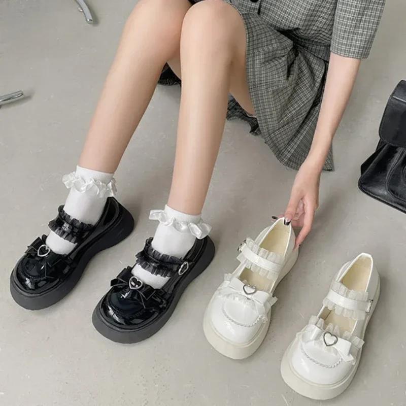 Fashion Women's Black Thick Soled Mary Jane Shoes 2024 Autumn New Japanese Sweet Patent Leather High Heels Bow Lolita Big Toe Shoes
