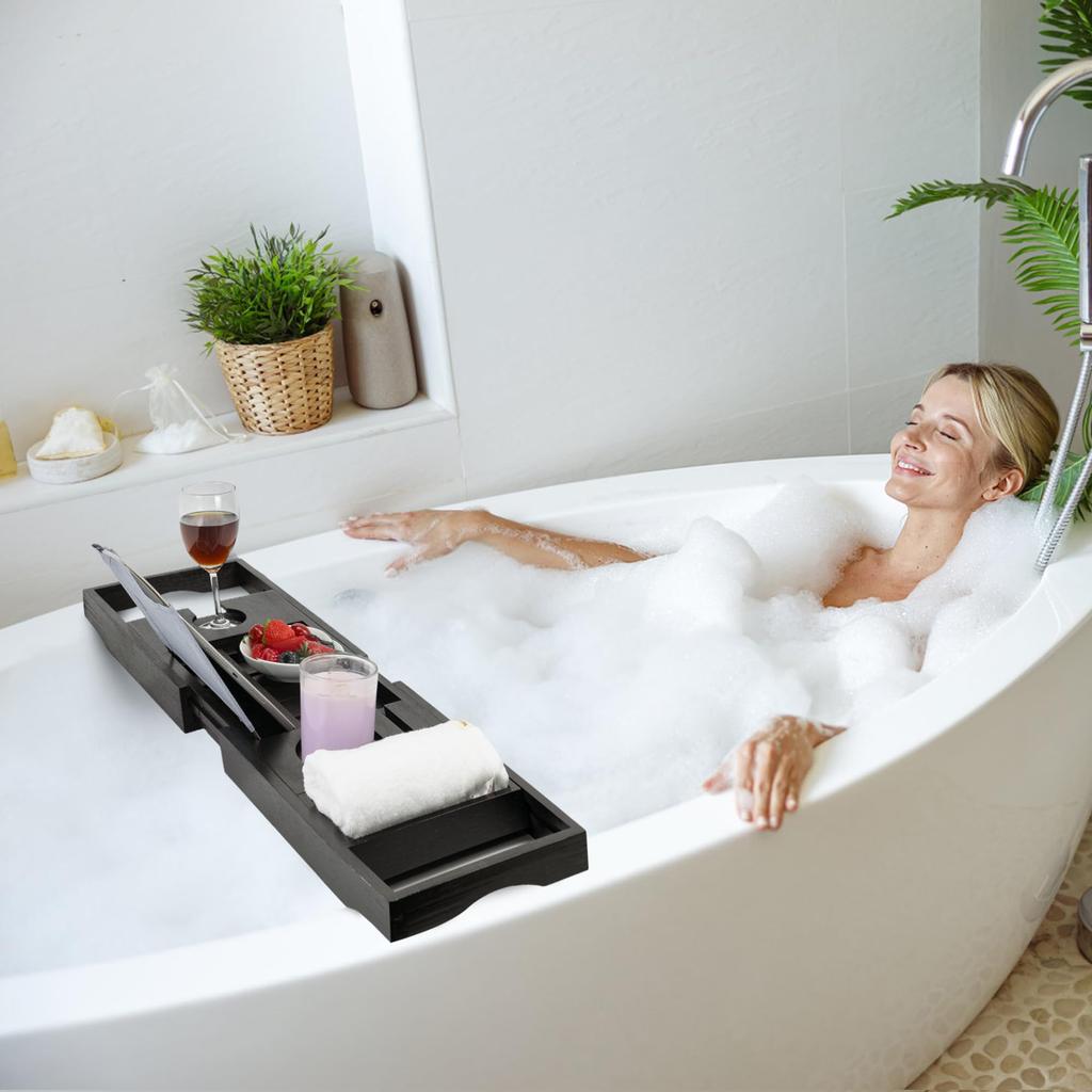 Utoplike Bamboo Bath Tray, Adjustable Bath Tray, Bath Table, Bath Rack, Bath Tray, Portable Wine Holder, Black