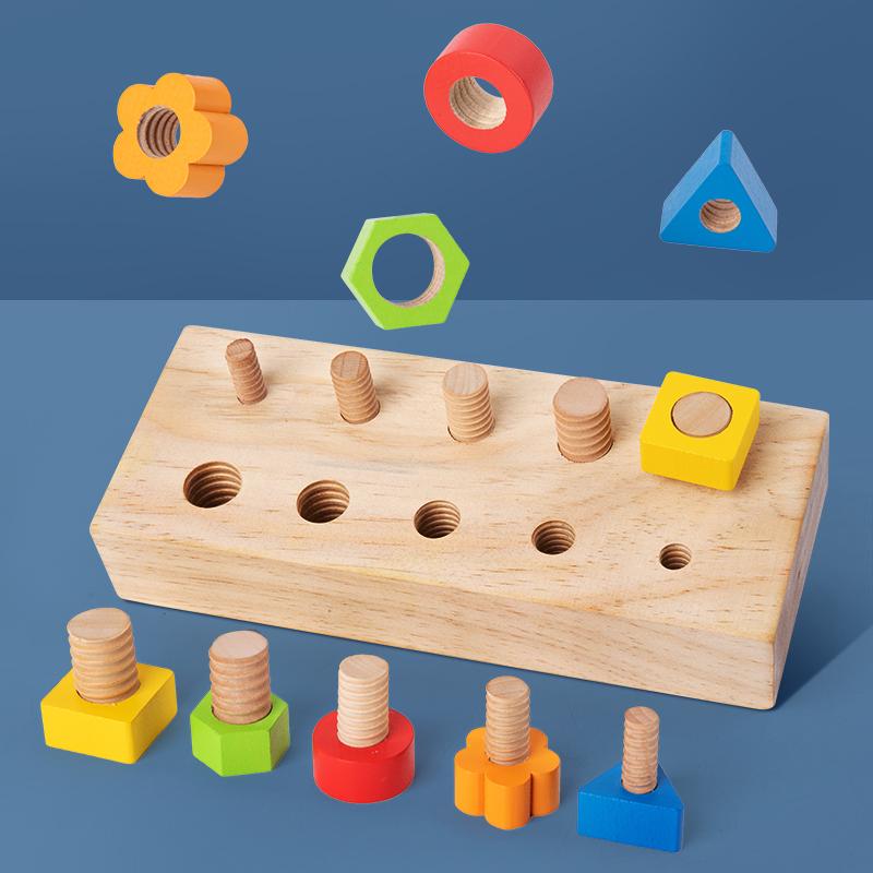 Wooden Screw Matching Puzzle Board - Fun Geometric Color Recognition Cognitive Toy With Mixed Color Blocks - Natural Wood Design